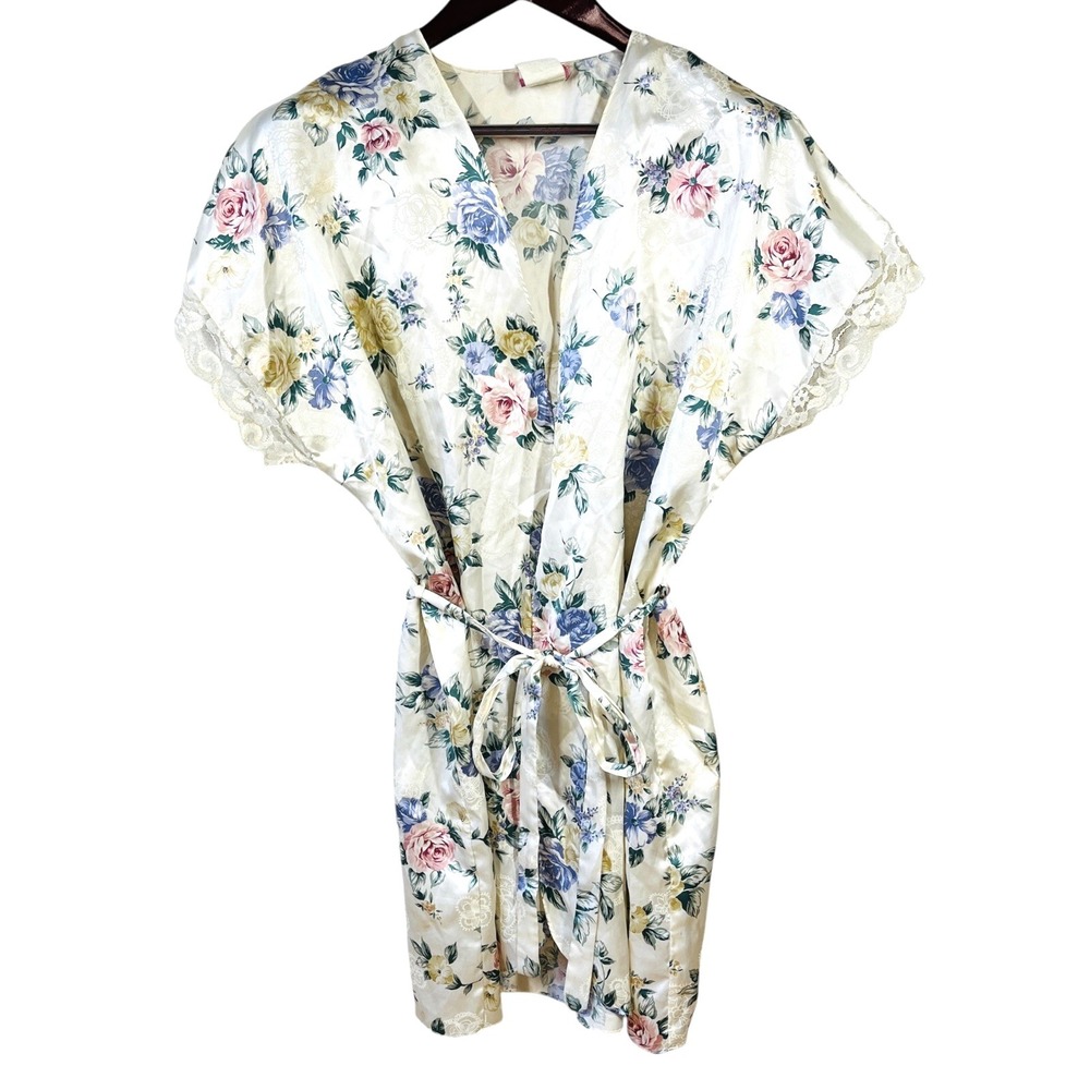 Vintage Sleep Solution Satin Robe Womens L Ivory Floral Short Belted Lace Trim